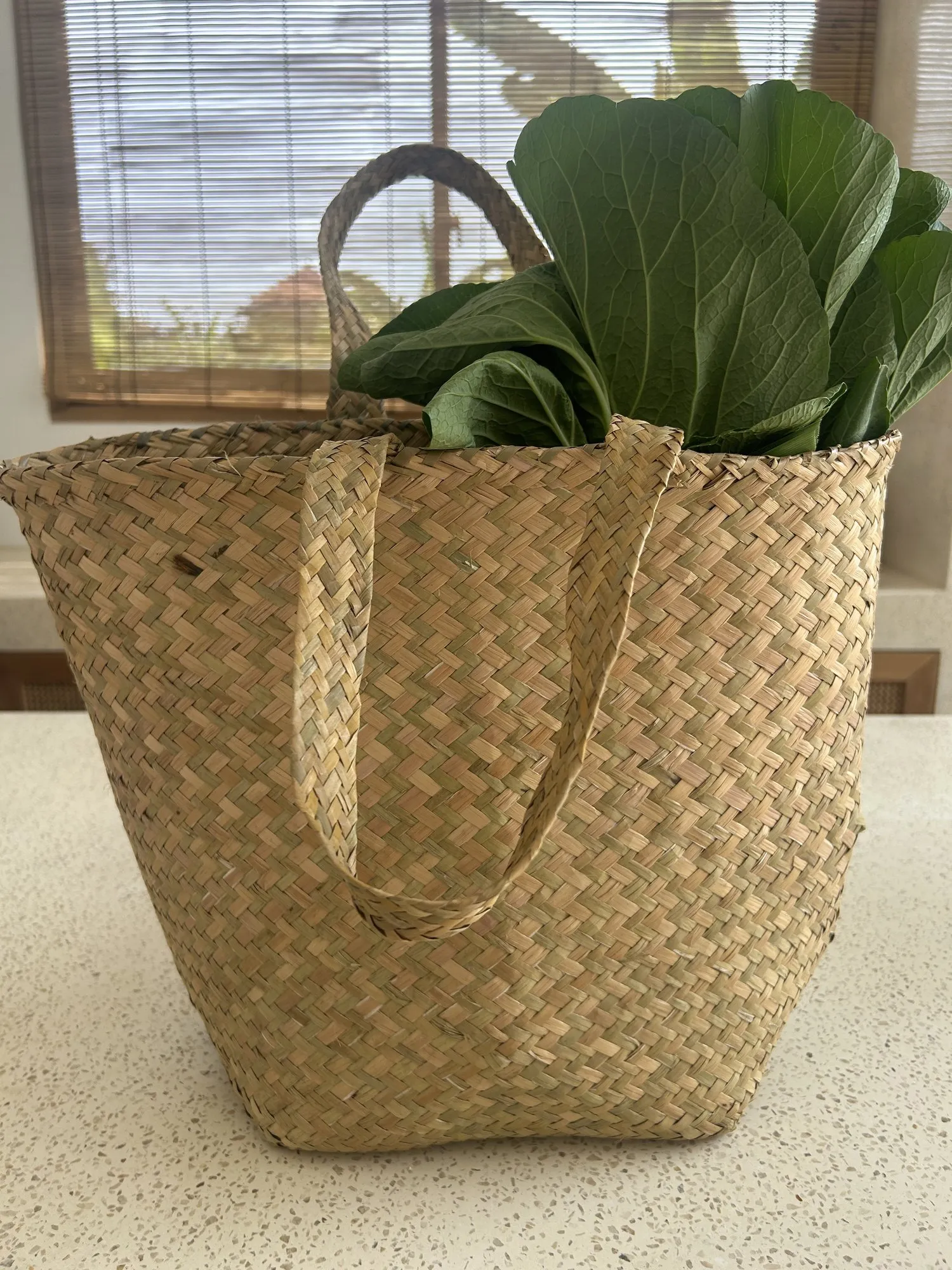 Hand woven market bag filled with fresh greens